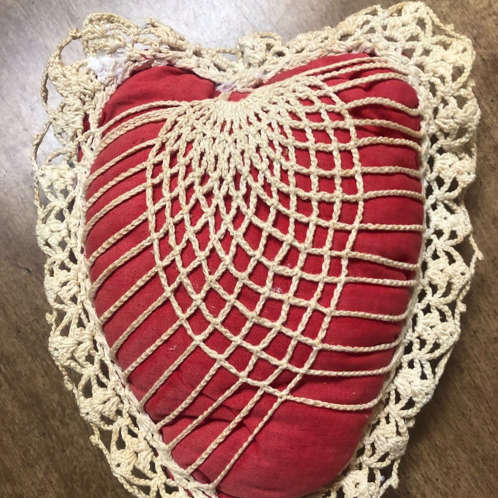 Beautiful Vintage Heart Shaped Hand Made Red Pin Cushion - Valentines Decor